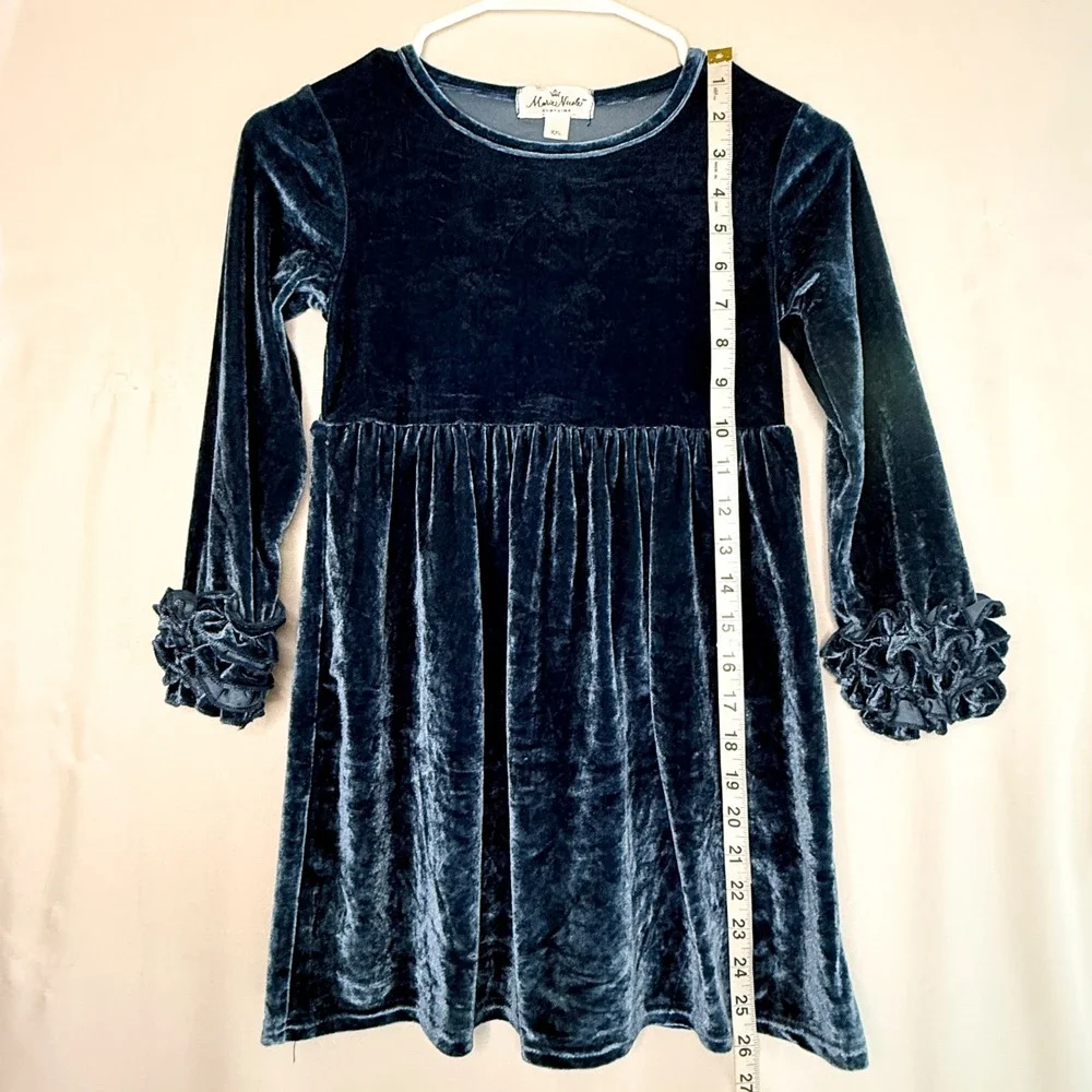 Marie Nicole Velvet Icing Ruffle Dress Kids Size 6 XXL Muted Navy Excellent